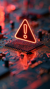 Close view of a red neon warning triangle mounted above an intricate circuit board luminous exclamation mark reflected across dark solder points and copper tracks precise macro