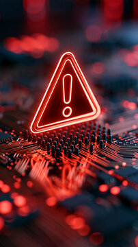 Close view of a red neon warning triangle mounted above an intricate circuit board luminous exclamation mark reflected across dark solder points and copper tracks precise macro