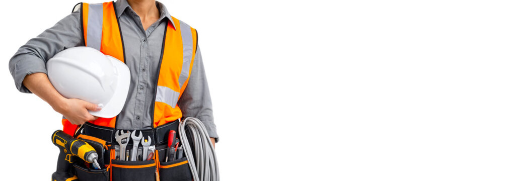 Construction worker holding hard hat with tool belt in professional setting with copy space