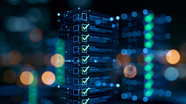 Glowing task list on a transparent display surrounded by small luminous bokeh points blue checkbox outlines and green completed marks sharply separated from the dark background