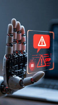 Upright robotic hand forming a stop gesture beside a glass display with a red speech bubble and warning triangle sharply defined articulated palm against a dark neutral