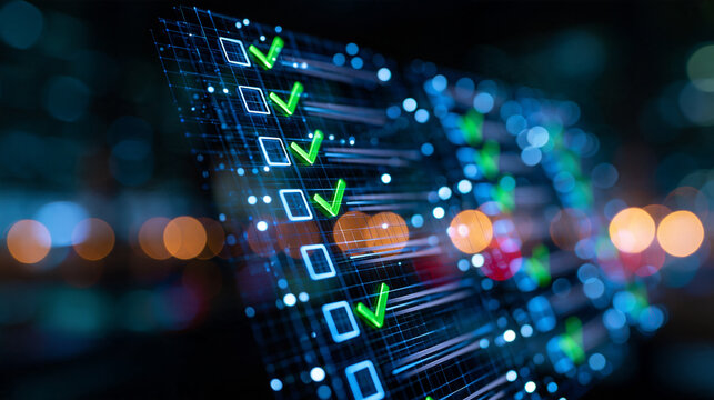 Glowing task list on a transparent display surrounded by small luminous bokeh points blue checkbox outlines and green completed marks sharply separated from the dark background
