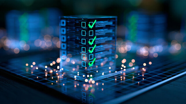 Glowing task list on a transparent display surrounded by small luminous bokeh points blue checkbox outlines and green completed marks sharply separated from the dark background