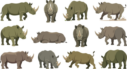 Rhino Collection in Diverse Poses and Angles with Natural Tones Vector Illustration © KhadizaAkter