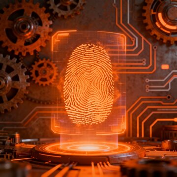 Holographic Fingerprint Scanner on Steampunk Mechanical Panel