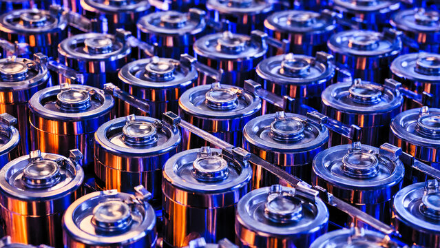 EV battery cells arranged in modern industrial lighting setup with copy space