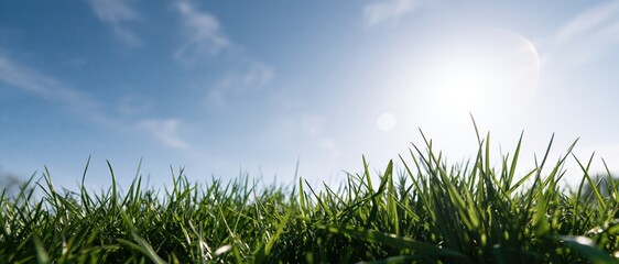 Obraz premium Low-angle view of green grass blades under bright sunlight against a clear blue sky