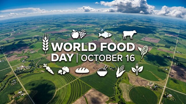 Aerial View of Green Agricultural Farmland with World Food Day October 16 Text Overlay, Top Down Drone Shot of Patchwork Fields