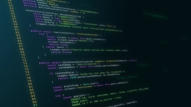 Code programming software developer screen script syntax on dark monitor with colorful text for cyber security data workflow