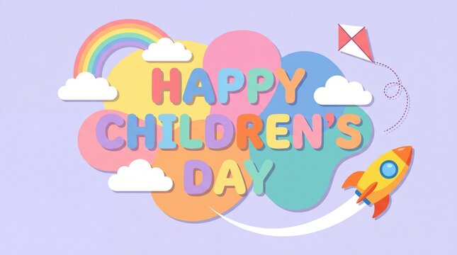 Happy childrens day celebration with rainbow, kite and rocket
