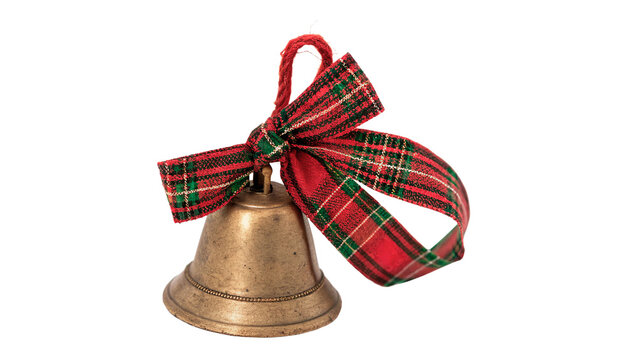 Metallic brass golden Christmas bells with checkered plaid ribbon ornament isolated on transparent background