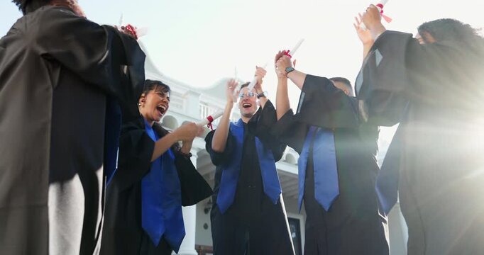Celebration, friends and cap throw for graduation pride, degree completion or clap for new chapter. Huddle, happy people or hat toss outdoor for graduate class, applause or high five for PHD on flare