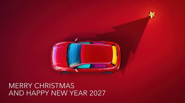 Red car with Christmas tree shaped shadow