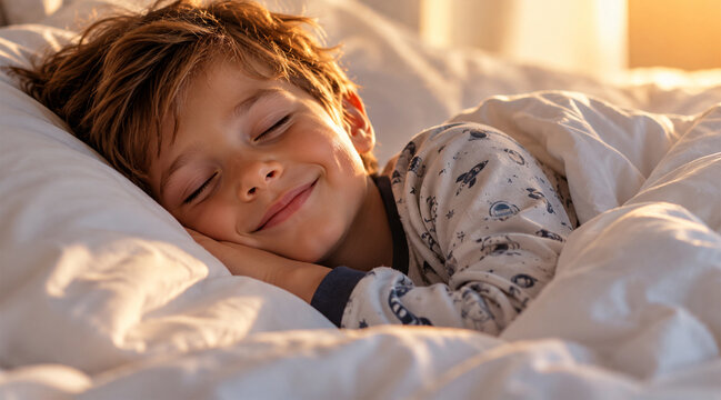 Peaceful young boy sleeping comfortably in bed with a gentle smile, cozy pajamas and warm morning sunlight, healthy childhood sleep and bedtime concept