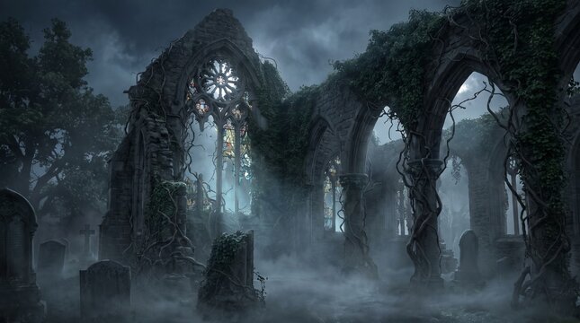 Mysterious Gothic Ruins with Ivy and Misty Atmosphere at Night