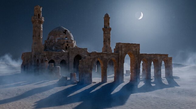 Ancient Ruins Under Moonlight in Mysterious Desert Landscape