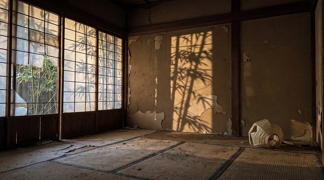 Abandoned traditional Japanese room with bamboo shadows on walls