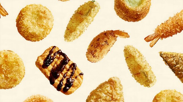 Assorted deep-fried breaded food including shrimp tempura and cutlets arranged on a plain light beige background, for a food pattern