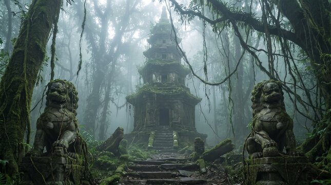 Ancient temple in misty jungle with stone guardian statues