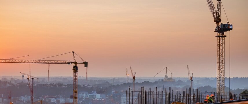 Golden hour silhouette of city skyline with construction cranes against a warm sunset sky