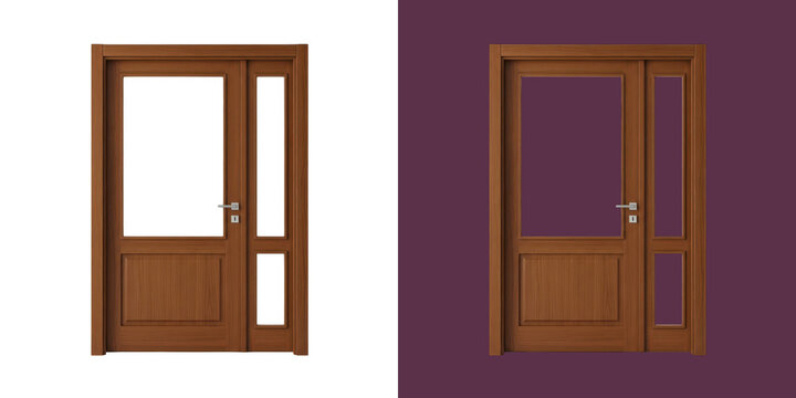 Modern wooden door with glass panels realistic transparent png