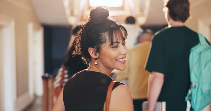 Face, woman and student at college with smile, scholarship and start semester for exchange program. Portrait, female person and walk at campus for next lecture, studying abroad and academic knowledge