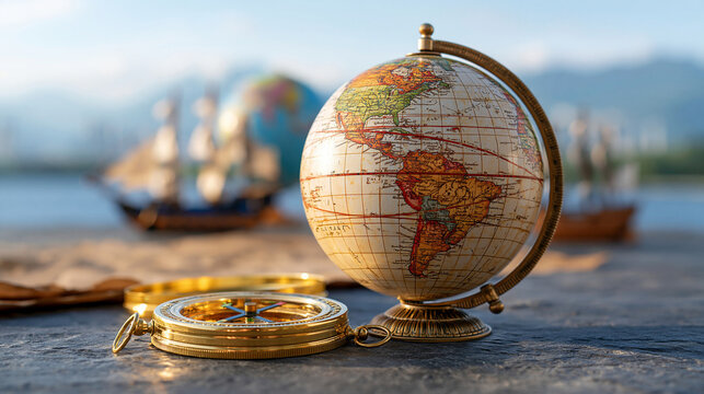 Educational Columbus Day composition with a student-style desk displaying an antique map, compass, globe and wooden ship model, objects concentrated toward one side, broad blank workspace for copy s