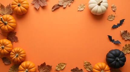 Obraz premium Festive Halloween Border with Colorful Pumpkins and Dried Leaves on Orange Background