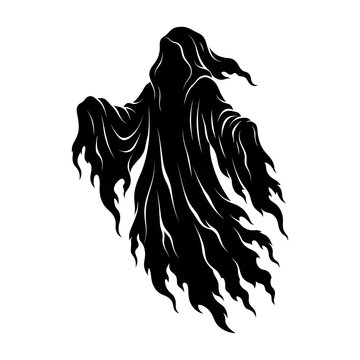 Black silhouette of a terrifying floating ghost or wraith with tattered robes. Perfect for Halloween, horror concepts, or spooky design elements.