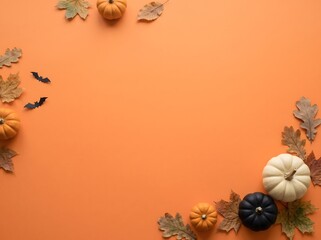 Fototapeta premium Autumn Harvest Composition with Pumpkins and Fallen Leaves on Orange Background