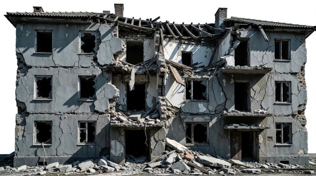 Collapsed three story gray apartment building with cracked walls, broken windows. Ruined structure shows exposed interiors, piles of debris. Damaged residential house stands in ruins after disaster