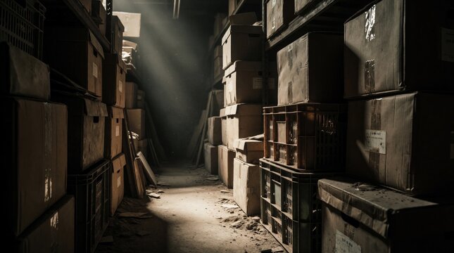 Narrow aisle in dark storage room with stacked cardboard boxes. Dusty warehouse floor shows light rays from above. Old forgotten containers create cluttered space in dim light. Hidden items sit in