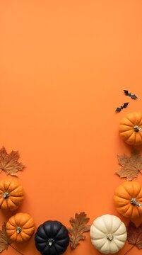 Halloween flat lay with pumpkins, autumn leaves, and bats on orange background