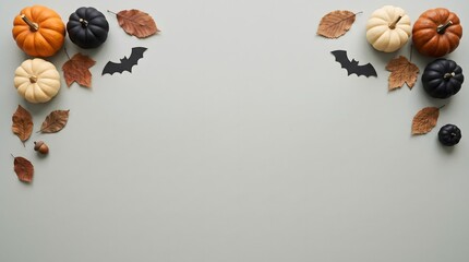 Obraz premium Halloween flat lay with pumpkins and bats on grey background