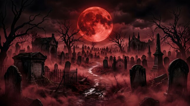 Blood red full moon shining over a dark and eerie graveyard with graveyard cemetery halloween