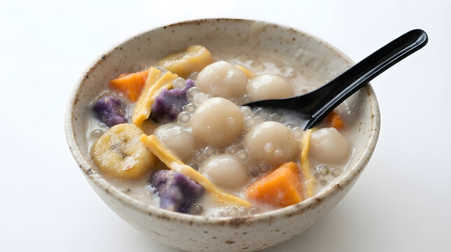 Macro shot of bilo bilo dessert (Filipino fruits, glutinous rice balls, sago pearls) scooped by black spoon on rustic bowl against white background