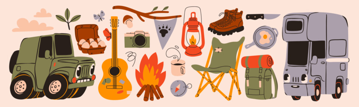 Camp, Hiking set. Campfire, guitar, camera, chair, backpack, boots, knife, mug, lantern, camper van, car. Hand drawn Vector illustration. Isolated design elements. Trekking, travel, tourism concept