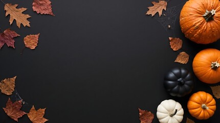 Fototapeta premium Autumn Flat Lay Composition with Colorful Pumpkins and Dried Leaves Background