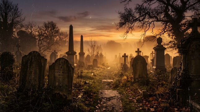 Golden sunset fog rolling through an ancient historic cemetery with cemetery graveyard halloween