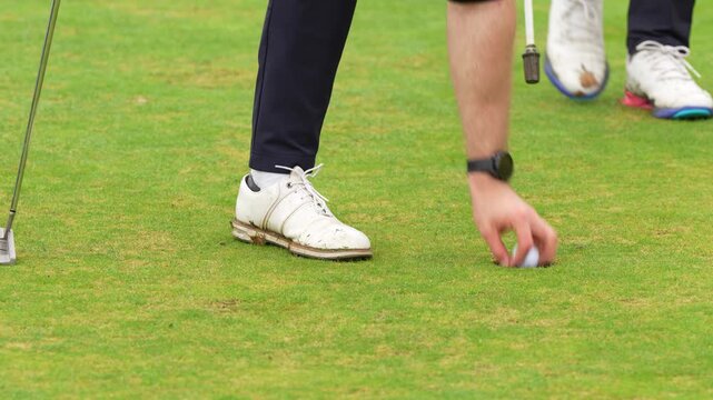 Golfer putting white ball across manicured green toward flagstick and hole during close range golf practice on an outdoor course