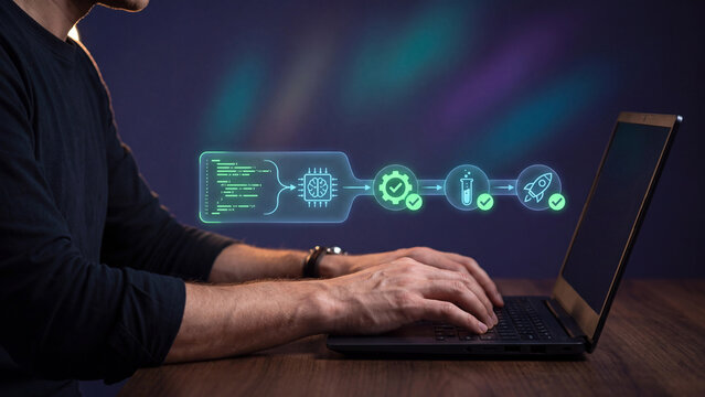 AI coding pipeline and CI/CD automation concept, programmer typing on laptop with hologram of code, AI chip, build gear, test tube and rocket for software testing and deployment