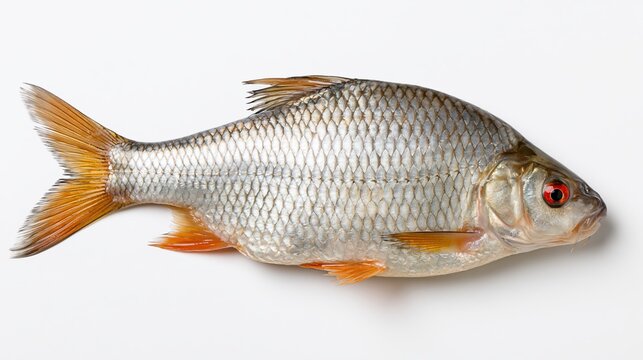 The Silver Roach Fish on White Studio Background with Orange Fins