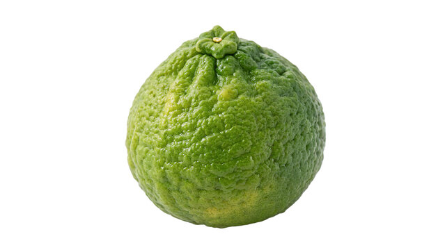 Whole fresh green bergamot citrus fruit organic kaffir lime isolated on transparent background