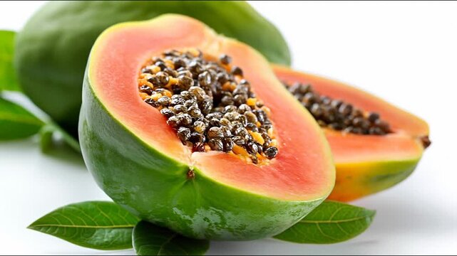 Freshly cut papaya halves revealing vibrant orange flesh and black seeds with green leaves on white background.
