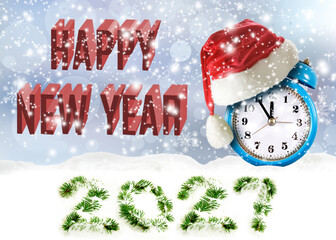 New Year celebration with a clock and festive messages in a snowy setting © cooperr