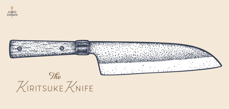 Butcher Knife. Hand drawn sketch. Kiritsuke Knife. Butchery symbol, icon logo, sign. Silhouette butcher knife, sketch. Template sign, meat shop market, butchery sketch design. Vector Illustration