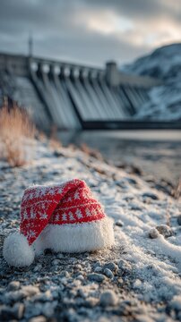 A red knitted hat with snowflakes rests on a snowy rocky shore with a blurred dam in the background.