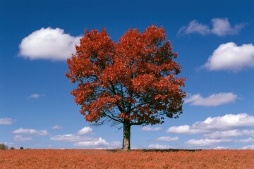 Obraz premium The Tree Standing Alone in a Red Field Under a Blue Sky