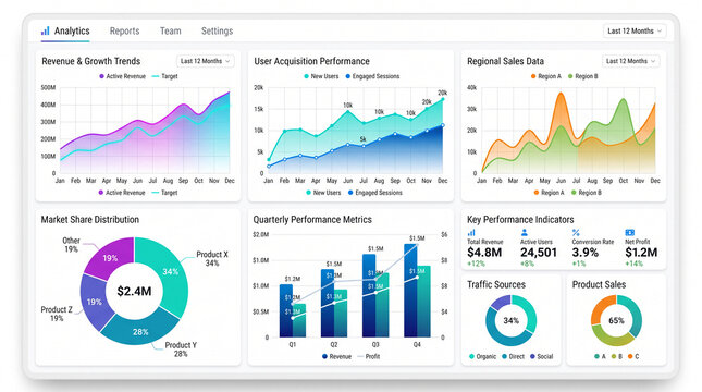 Dashboard showcasing business analytics with graphs and charts, representing financial growth, sales data, and user acquisition, ideal for corporate presentations.