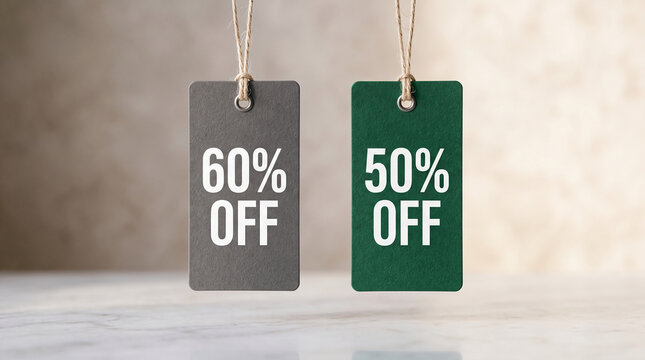 Hanging price tags showing '60% OFF' and '50% OFF', symbolizing sale, discount, and savings, ideal for retail promotions.
